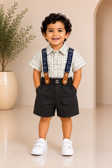 Cream grid check suspender partywear set for boys with collared shirt, navy suspenders and dark charcoal shorts