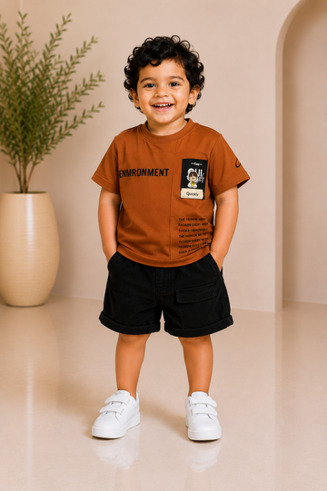 Baby boy's rust-brown graphic-print T-shirt with black cargo shorts
