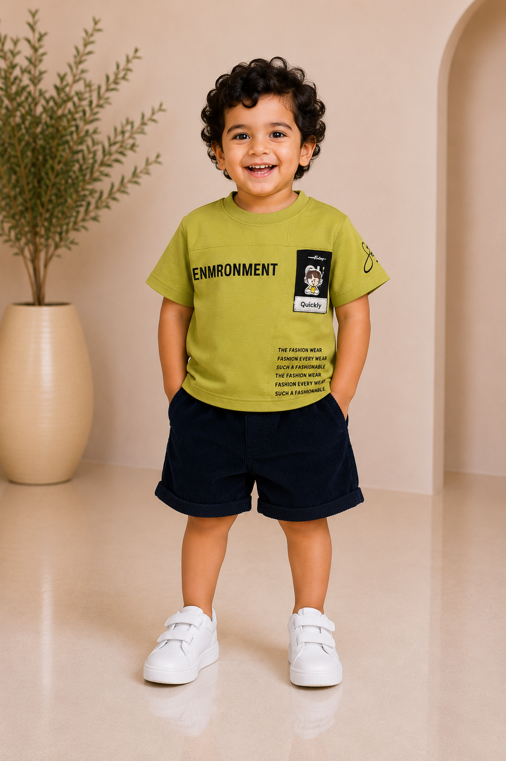 Lime green graphic-print T-shirt with navy blue shorts for baby boys