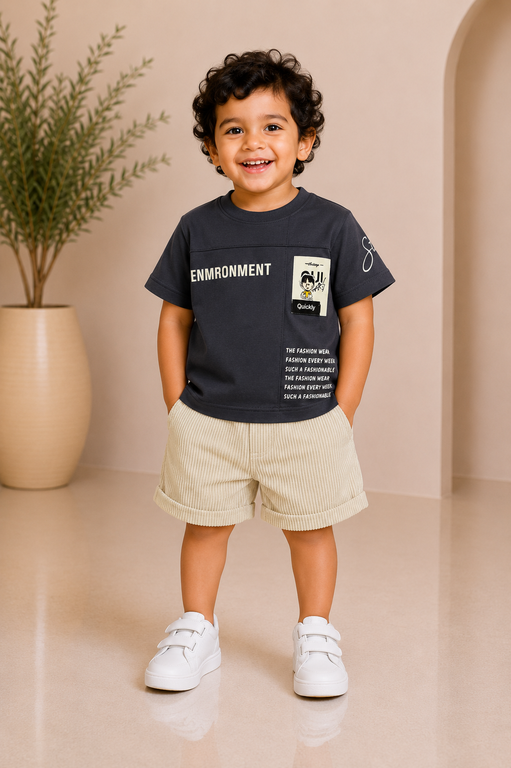Charcoal grey graphic T-shirt with beige striped shorts co-ord set