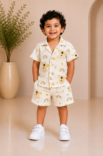 Cream camp-collar shirt with koala and rainbow print and matching shorts
