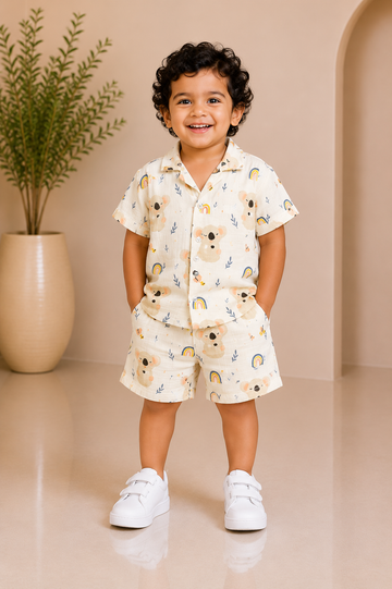 Ivory camp-collar shirt with all-over koala and rainbow print with shorts