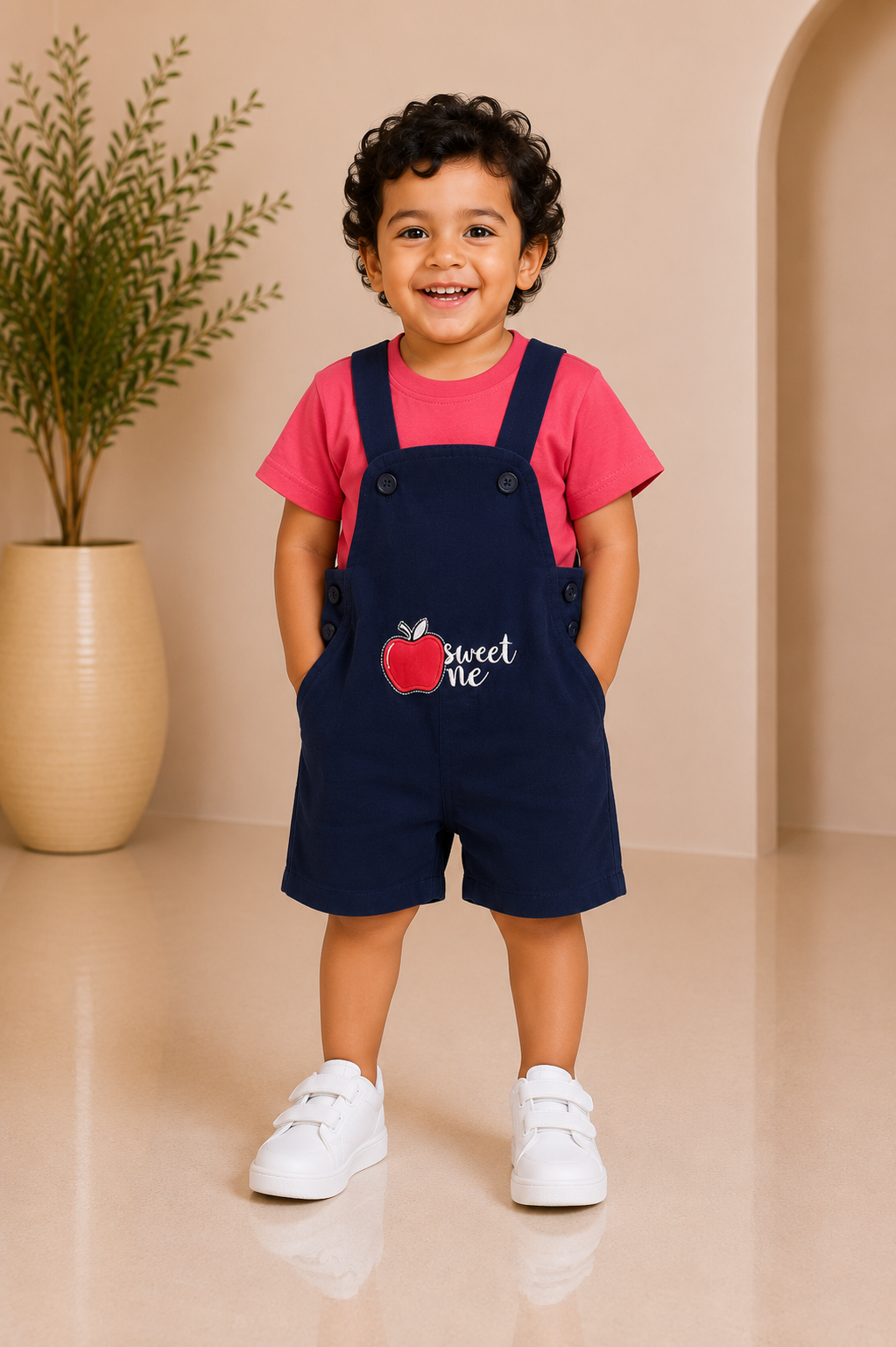 Navy blue apple-appliqué dungaree shorts over a pink T-shirt for baby boys