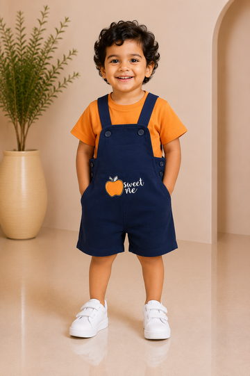 Navy blue apple dungaree shorts worn over an orange T-shirt