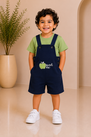 Navy blue apple dungaree shorts worn over a green T-shirt