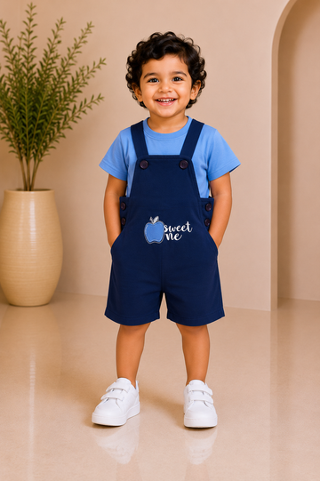 Navy blue apple dungaree shorts worn over a sky blue T-shirt