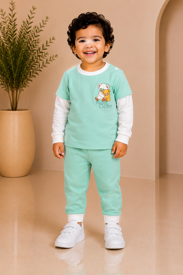 Mint green full-sleeve top with teddy bear motif and matching joggers
