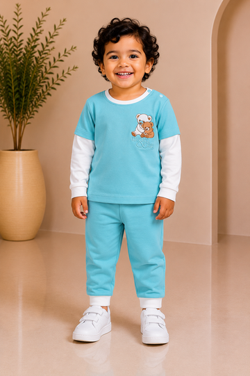 Aqua blue teddy bear print full-sleeve top with contrast-cuff joggers
