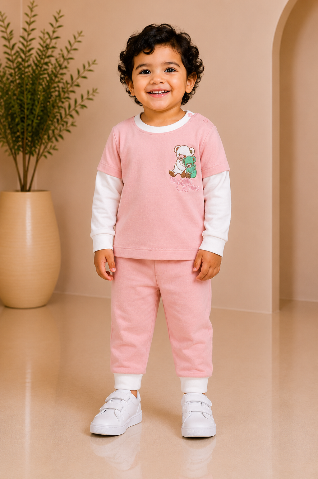 Blush pink teddy bear motif top with matching joggers for baby boys