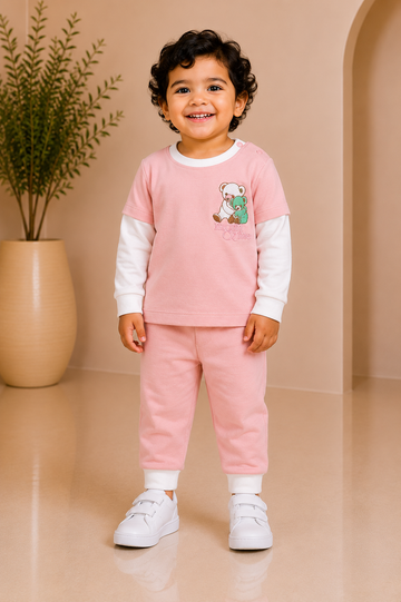 Blush pink teddy bear motif top with matching joggers for baby boys