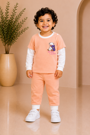 Peach full-sleeve teddy bear top with coordinating joggers