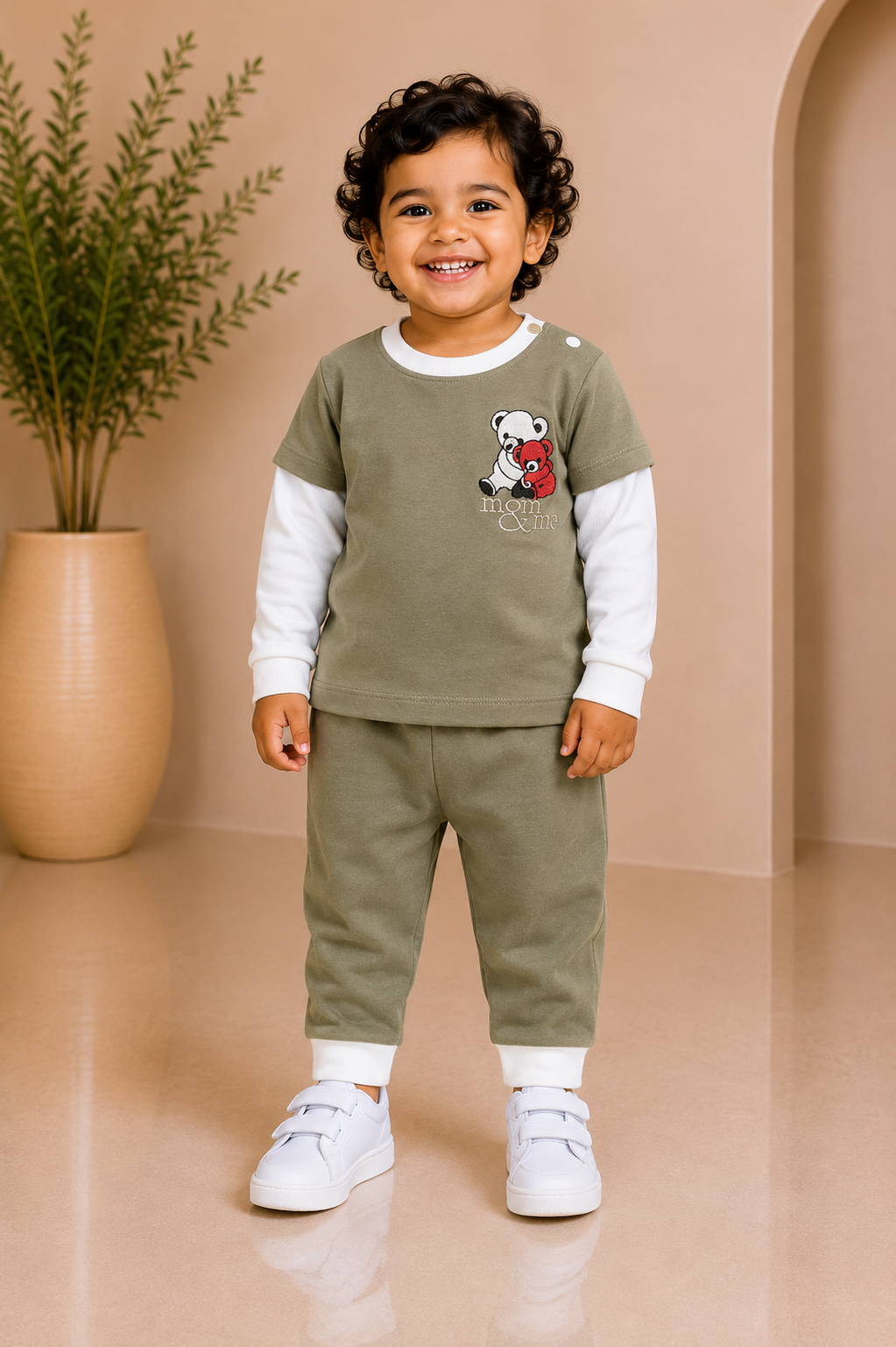 Olive green teddy bear motif top with matching joggers