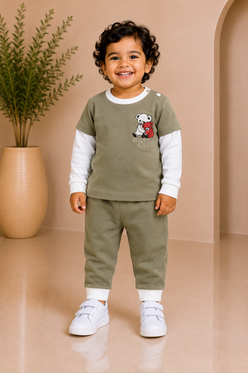 Olive green teddy bear motif top with matching joggers