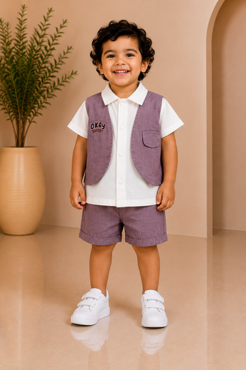 Mauve waistcoat with white short-sleeve shirt and matching shorts