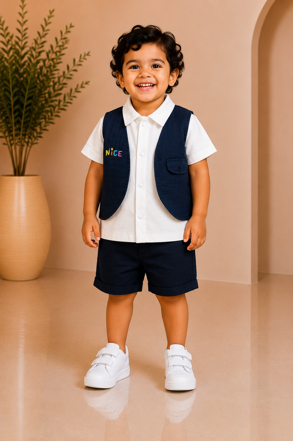 Navy blue textured waistcoat boys partywear set with white shirt and shorts