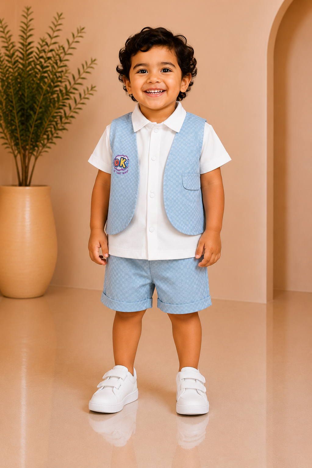 Sky blue textured waistcoat boys partywear set with white shirt and shorts