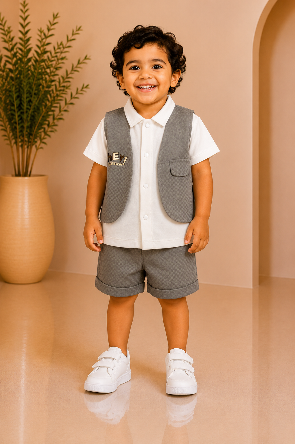 Grey textured waistcoat boys partywear set with white shirt and shorts