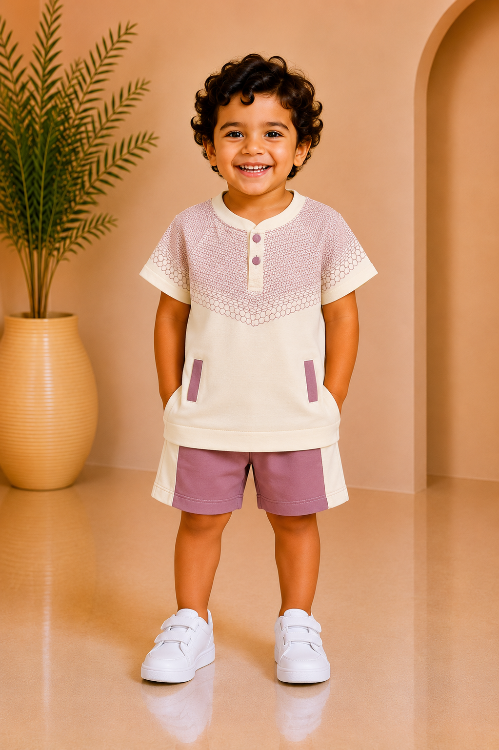 Baby boy cream henley knit top with lilac yoke and matching lilac shorts set