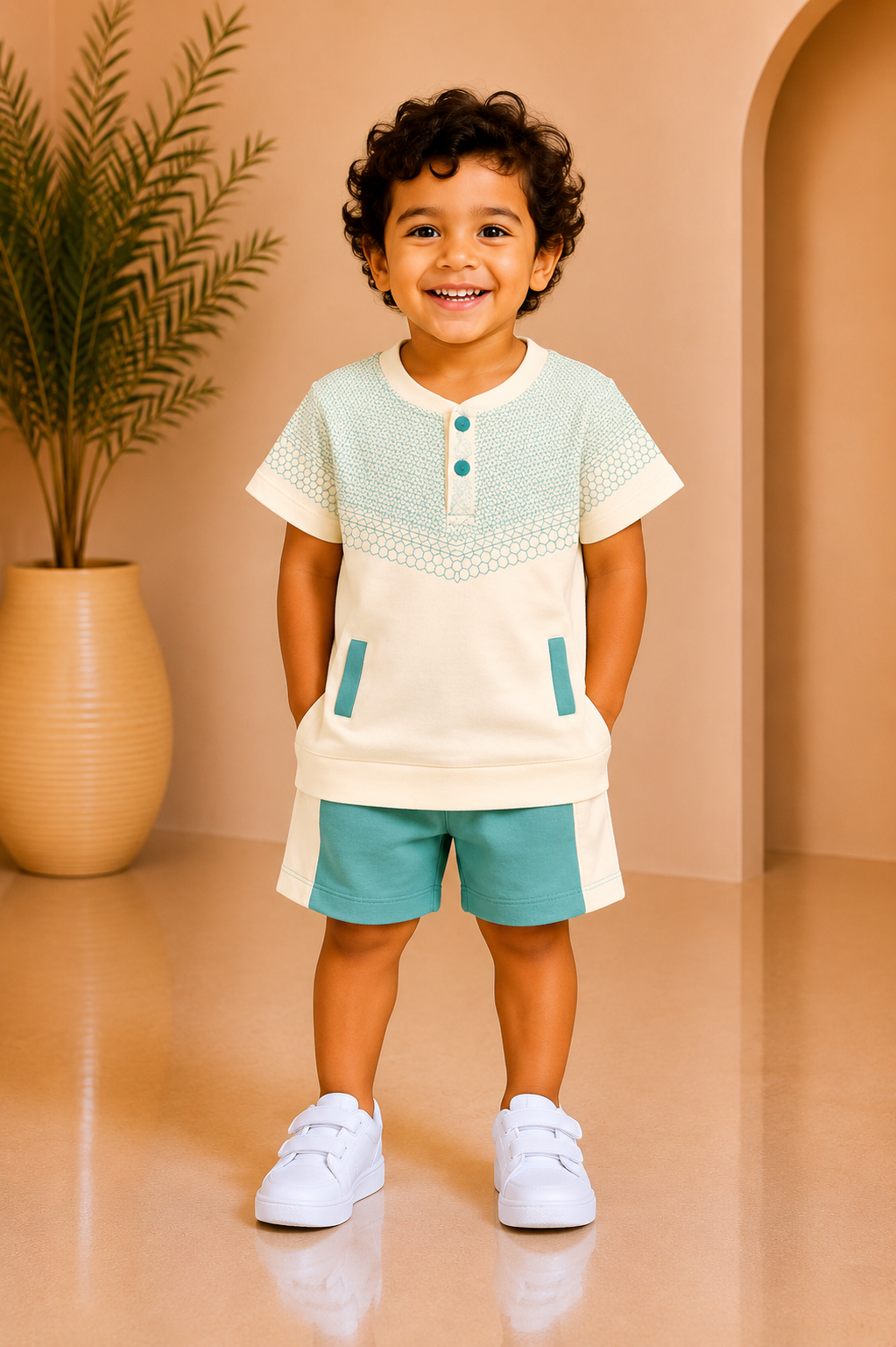 Baby boy cream henley knit top with teal yoke and matching teal shorts set
