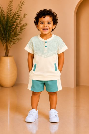 Baby boy cream henley knit top with teal yoke and matching teal shorts set