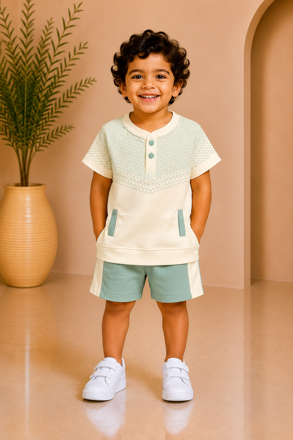 Baby boy cream henley knit top with sage green yoke and matching sage green shorts set