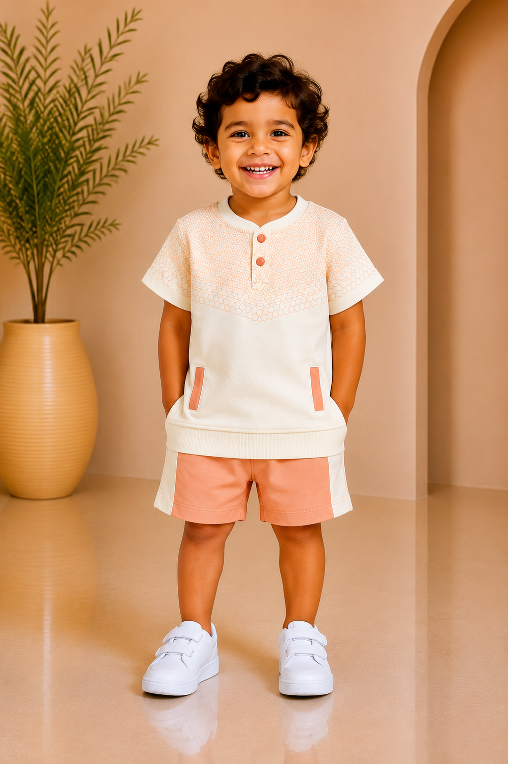 Baby boy cream henley knit top with peach yoke and matching peach shorts set