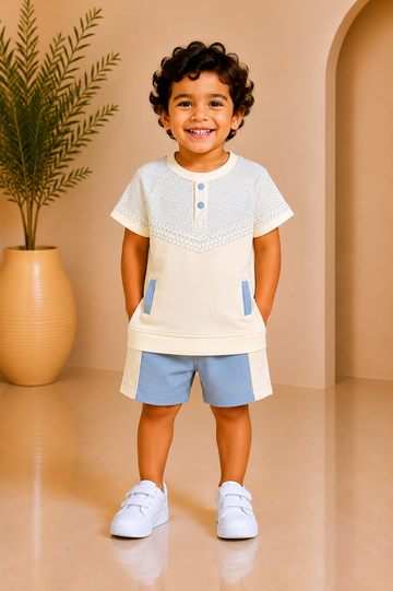 Baby boy cream henley knit top with sky-blue shorts set