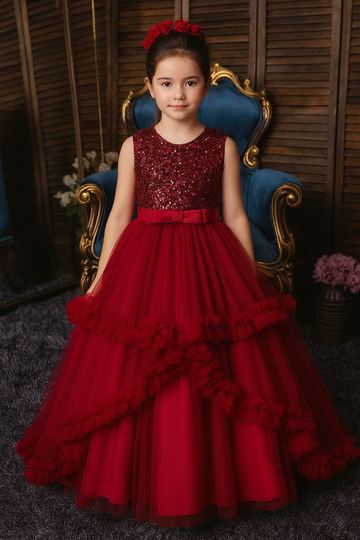 Red Sequin Party Gown for Girls with Layered Ruffle Tulle and Bow Waist - Inayah Fashion