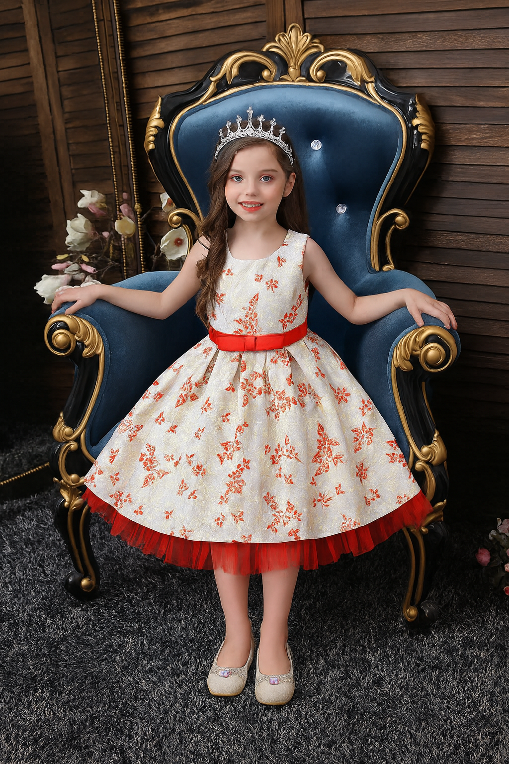 Girls White Floral Party Dress – Sleeveless Embroidered Frock with Red Belt & Tulle Hem - Inayah Fashion