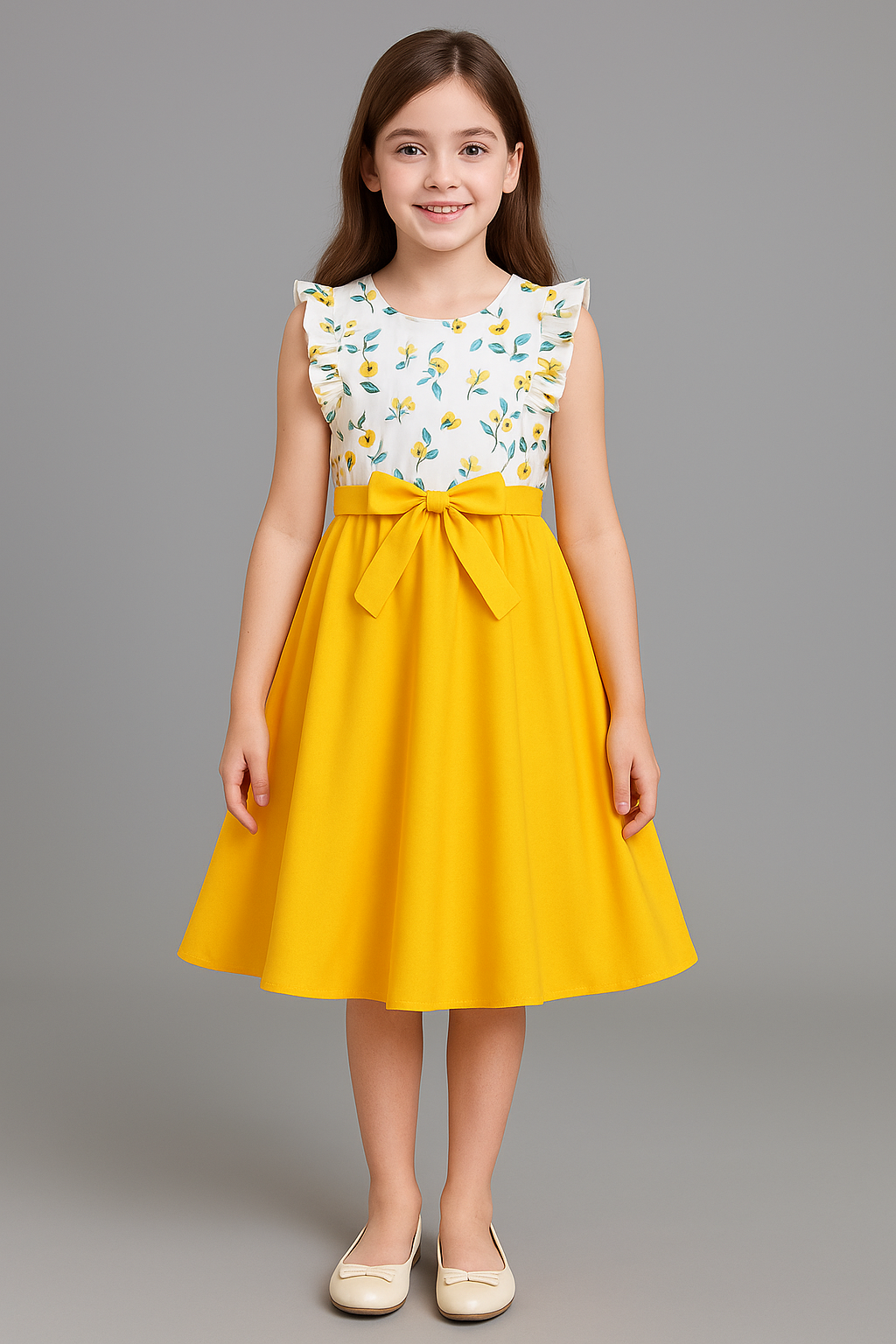 Bright Yellow & White Floral A-Line Dress for Girls – Sleeveless Ruffled Shoulder Summer Frock - Inayah Fashion