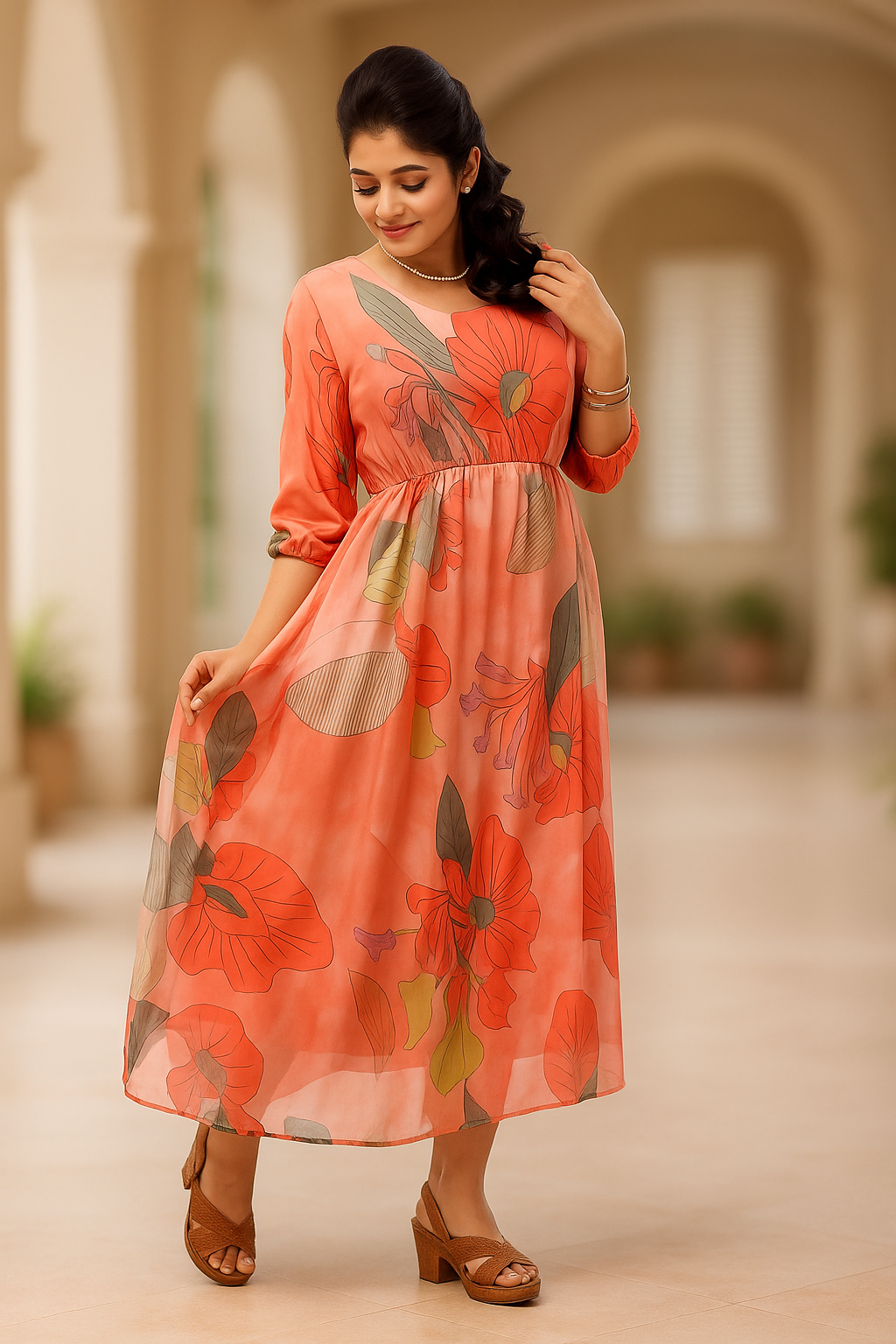 Coral Bloom Floral Maxi Dress – Elegant Full-Length Georgette Gown - Inayah Fashion