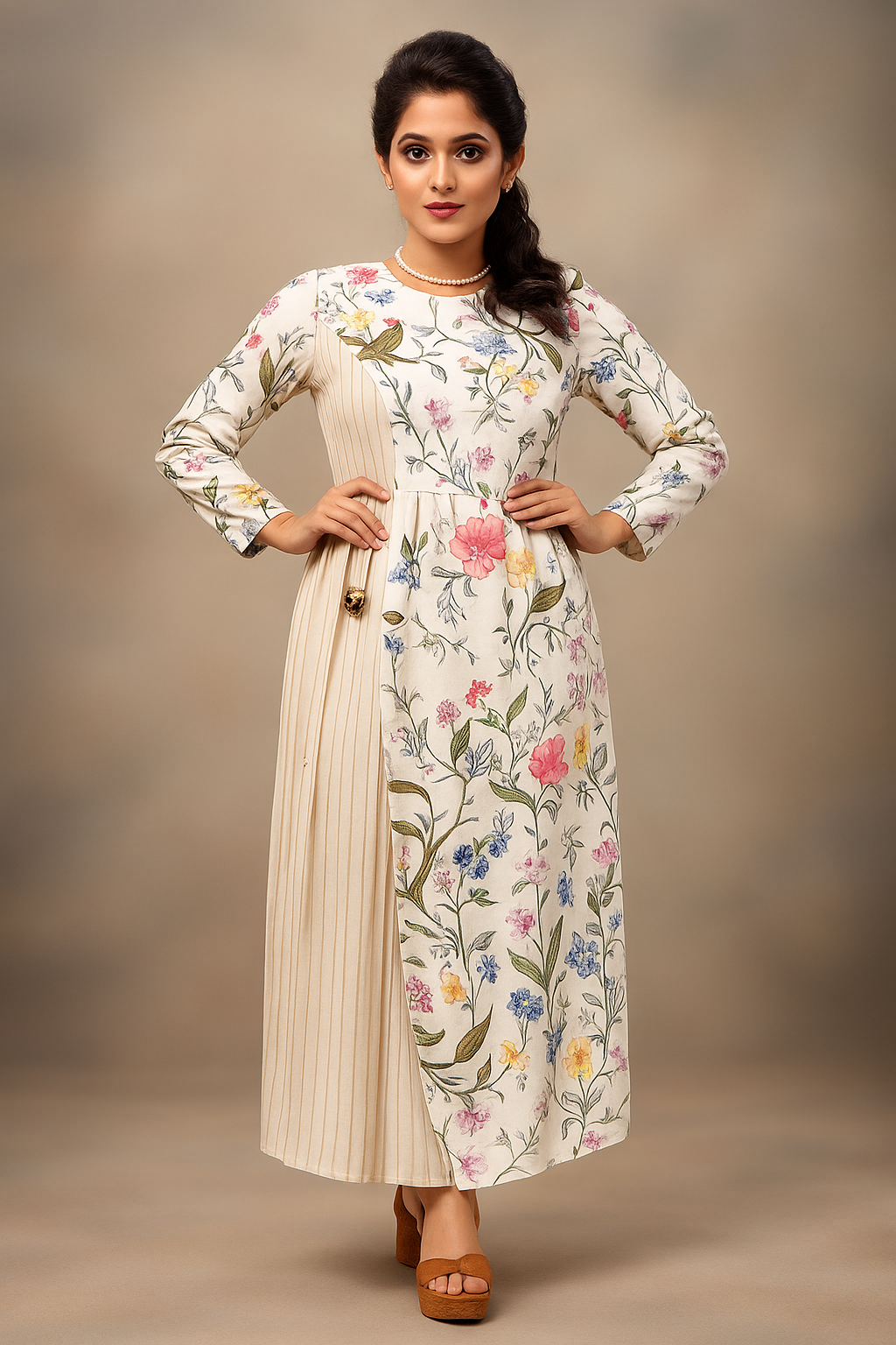 Elegant Full-Length White Maxi Dress with Multicolor Botanical Floral Print | Long Sleeve - Inayah Fashion