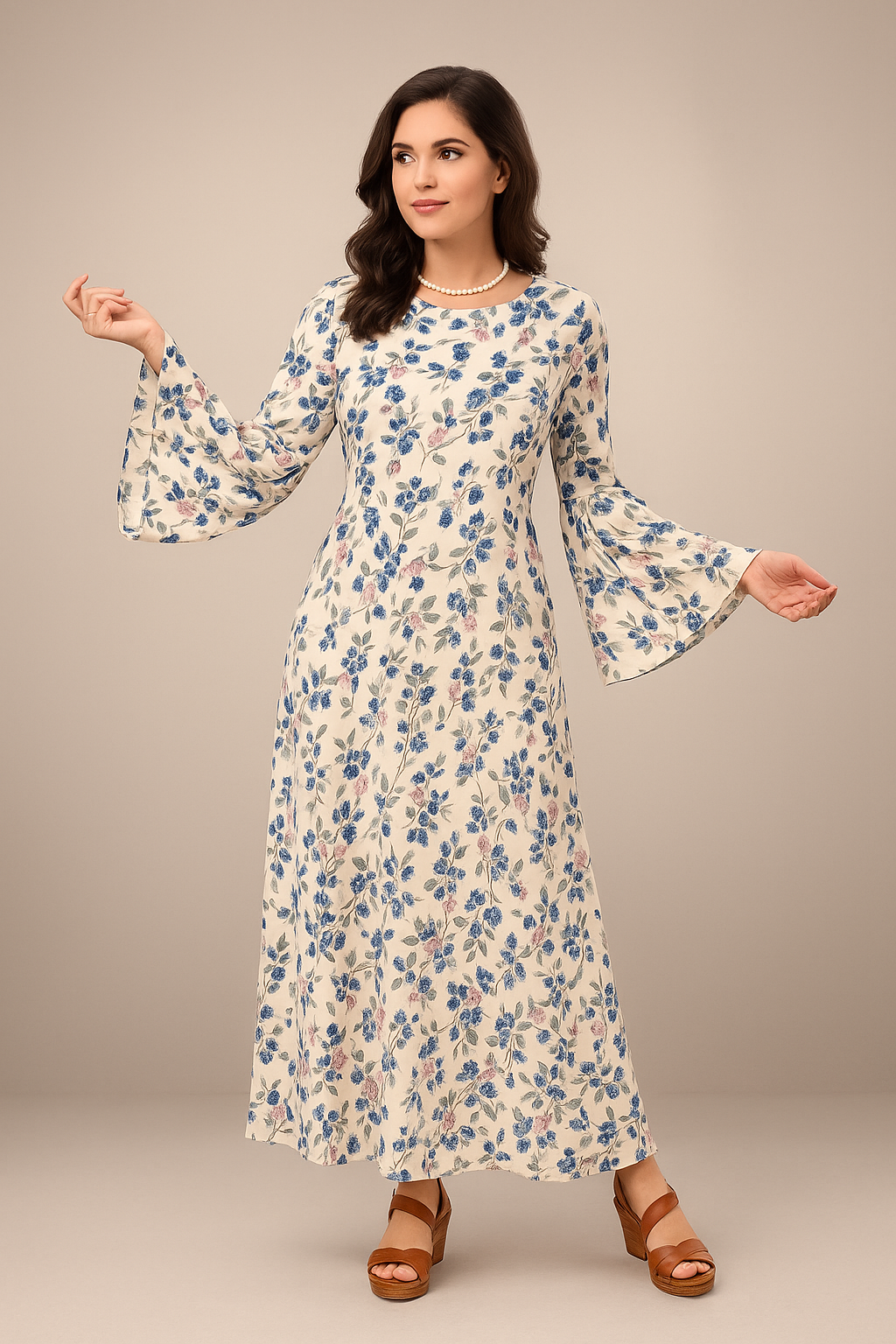 Elegant White Maxi Dress with Blue & Pink Floral Print, Waist Tie Belt and Flared Bell Sleeve - Inayah Fashion