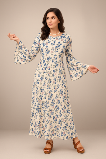 Elegant White Maxi Dress with Blue & Pink Floral Print, Waist Tie Belt and Flared Bell Sleeve - Inayah Fashion