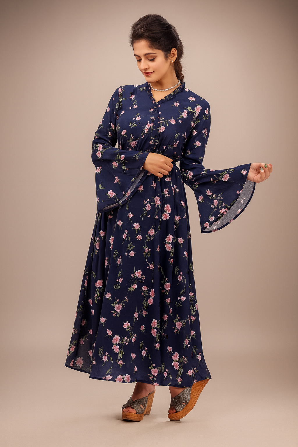 Navy Blue A-Line Floral Maxi Dress with Wrap Neckline, Layered Bell Sleeves & Pink Blossom Print - Inayah Fashion