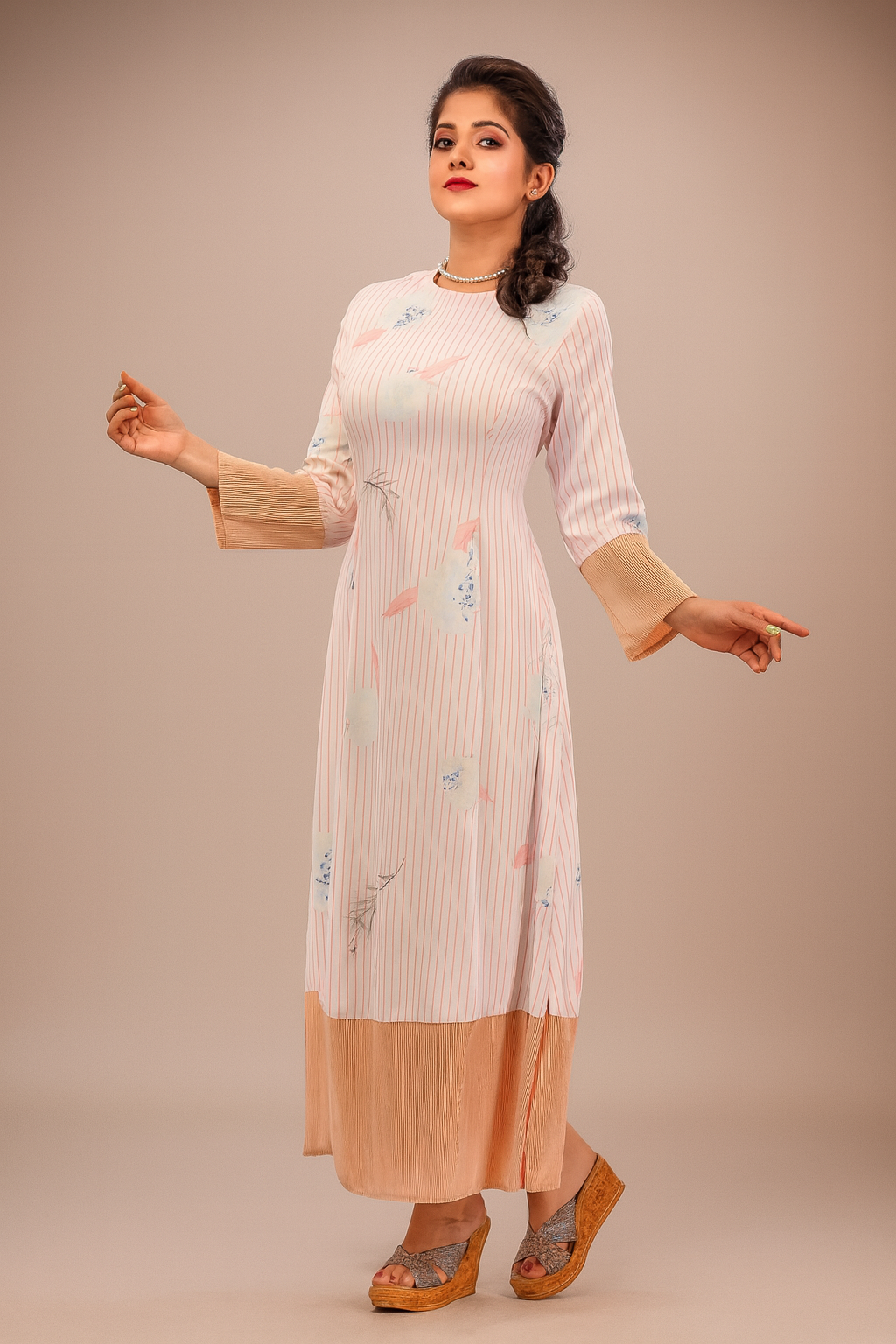 Elegant Peach Bloom Full-Length A-Line Dress with Blush Stripes, Abstract Floral Print & Contrast Hem for Casual and Festive Wear - Inayah Fashion
