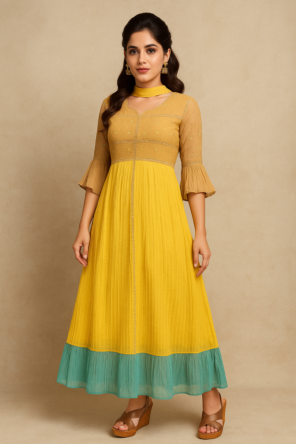 Yellow and beige embroidered Anarkali kurta set with green frill hem for women