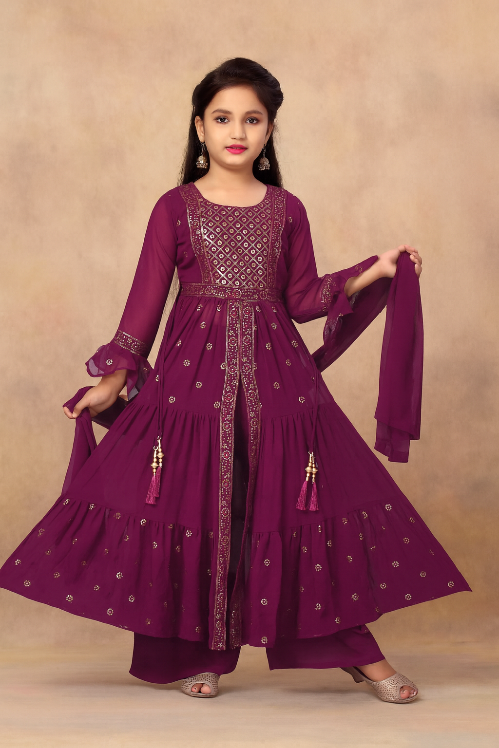 Maroon mirror-work Anarkali set for girls