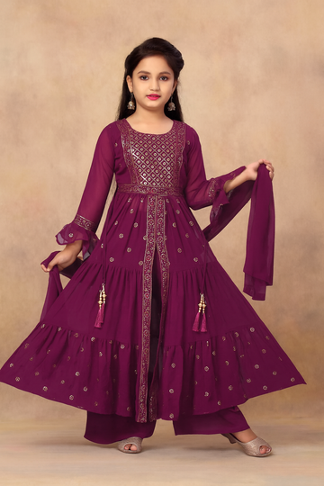Maroon mirror-work Anarkali set for girls