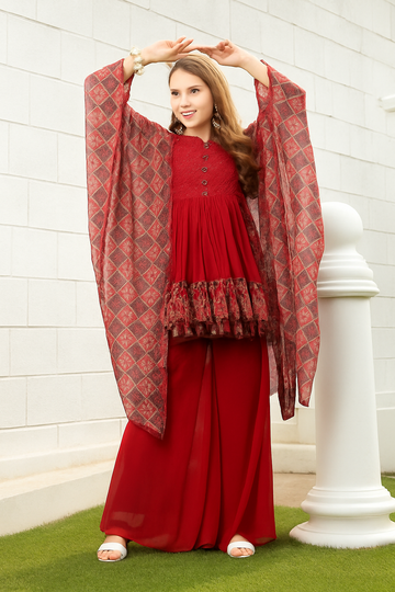 Premium Red Designer Cape Top with Palazzo Set