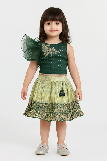 Girls Green Designer Top with Golden Printed Skirt – Festive Wear Set