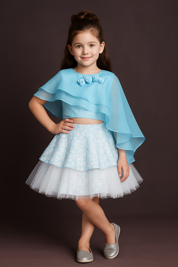 Sky Blue Floral Cape Top & White Layered Skirt Party Wear for Girls