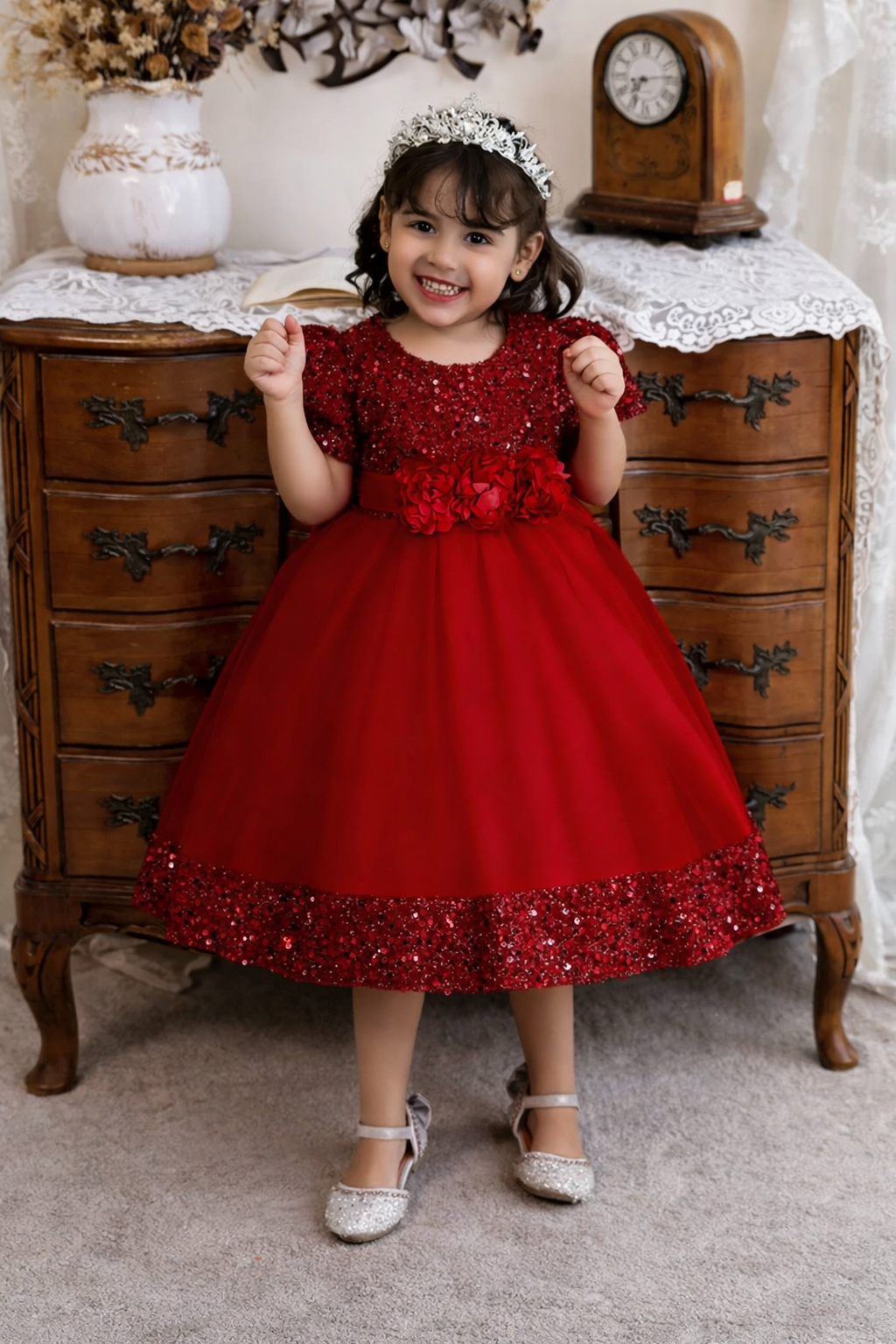 Red sequin party gown for girls with floral waist detail