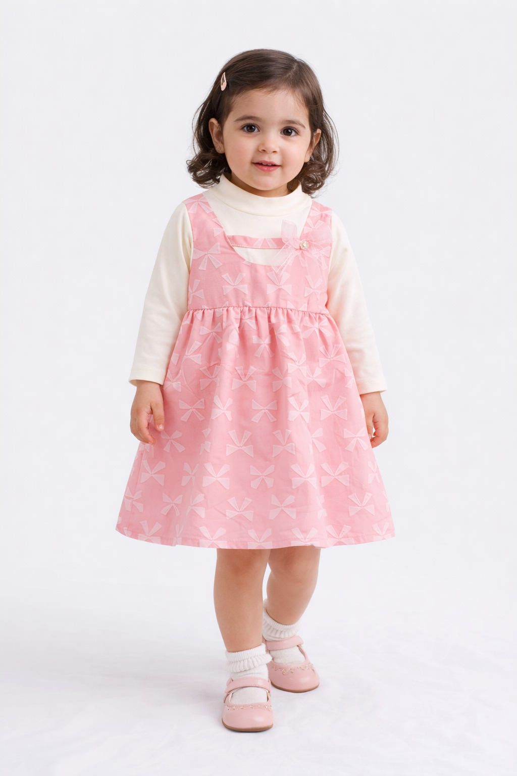 Girls pink bow print pinafore dress set with lace chest bow