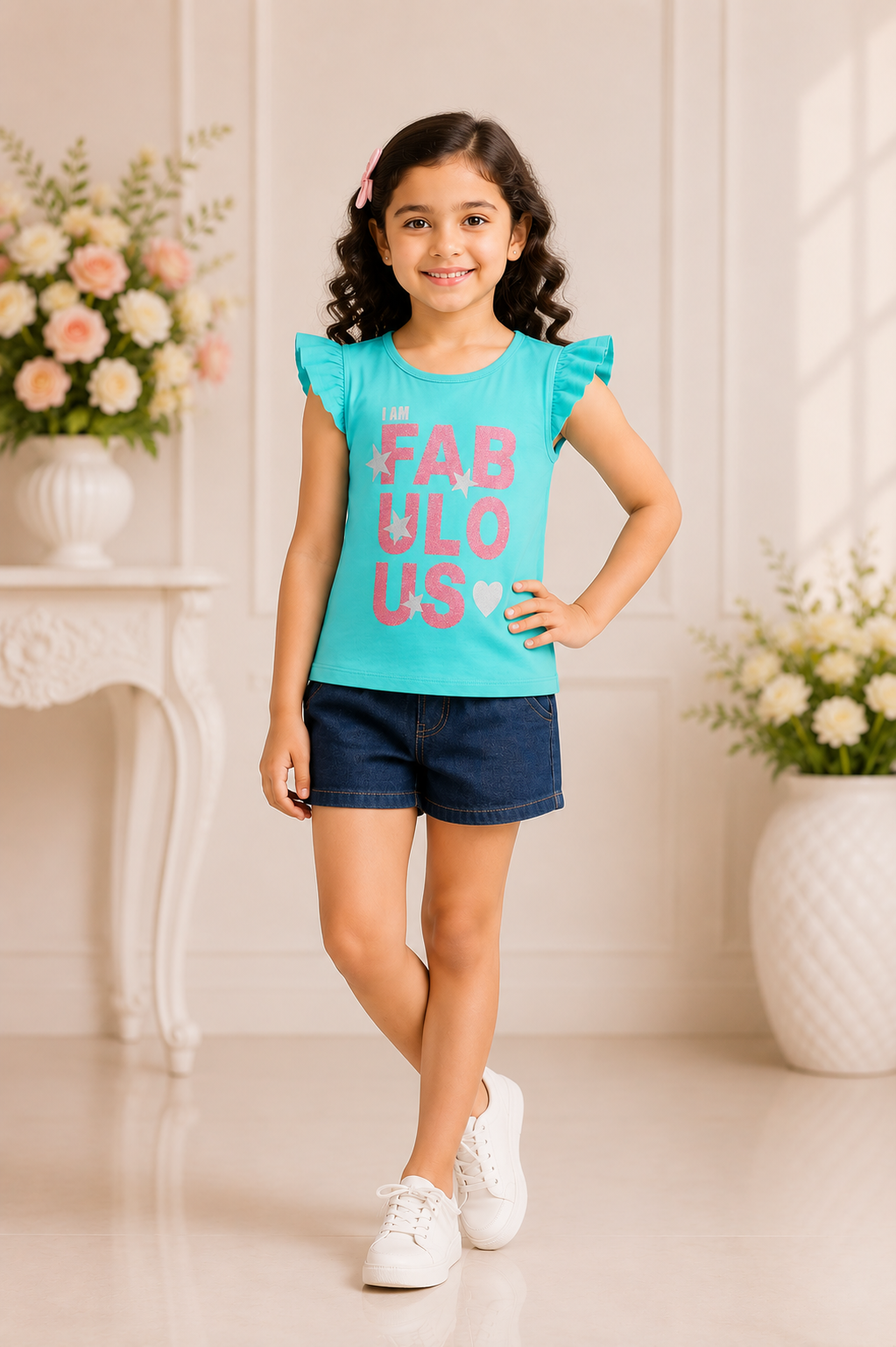 Turquoise blue girls t-shirt with glitter print