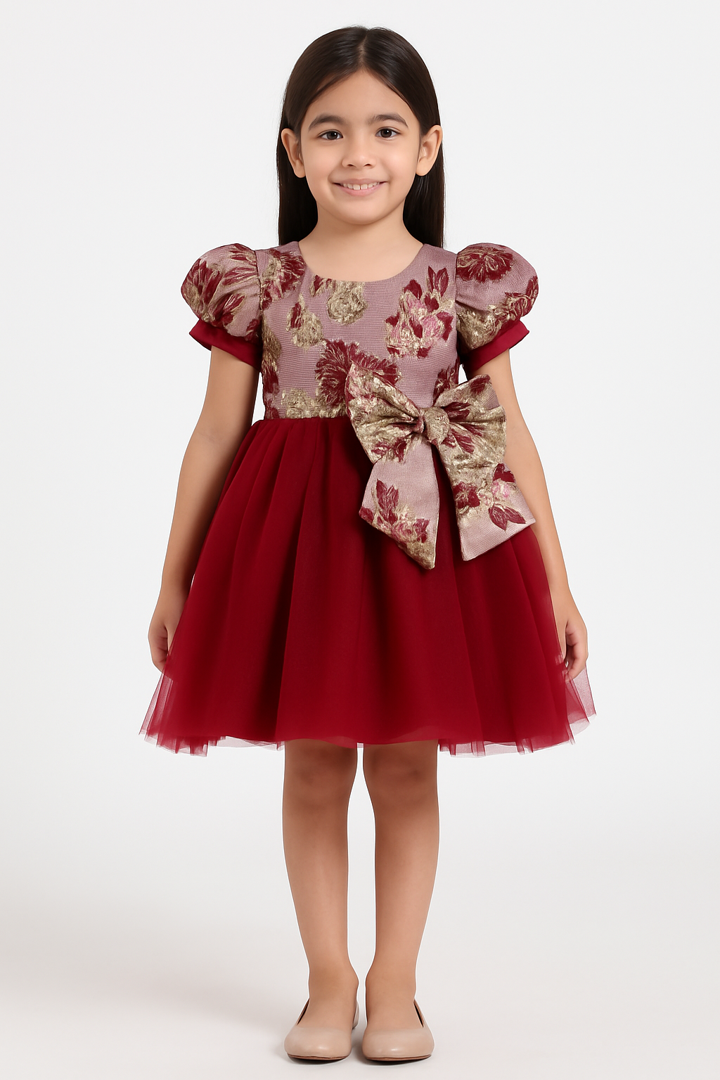 Burgundy Puff Sleeve Party Frock with Floral Brocade & Statement Bow - Inayah Fashion