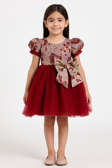 Burgundy Puff Sleeve Party Frock with Floral Brocade & Statement Bow - Inayah Fashion