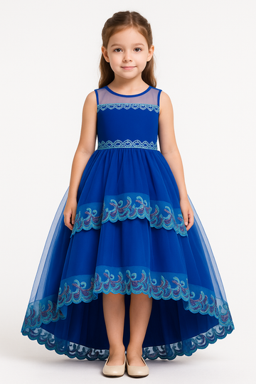 Royal blue princess high-low party gown for girls with peacock feather embroidery