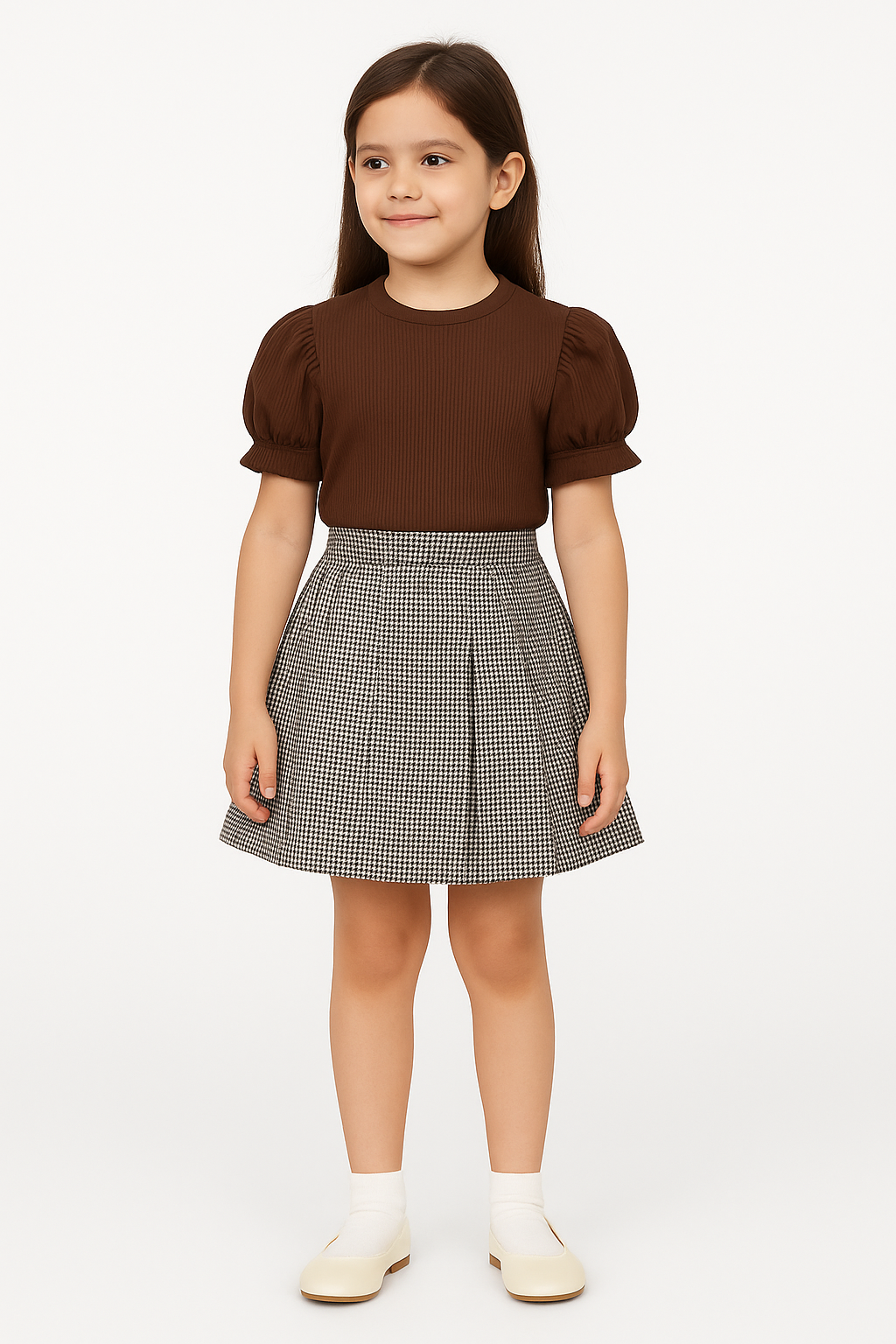 Elegant Frock Brown Puff Sleeve Top & Plaid Pleated Skirt - Inayah Fashion