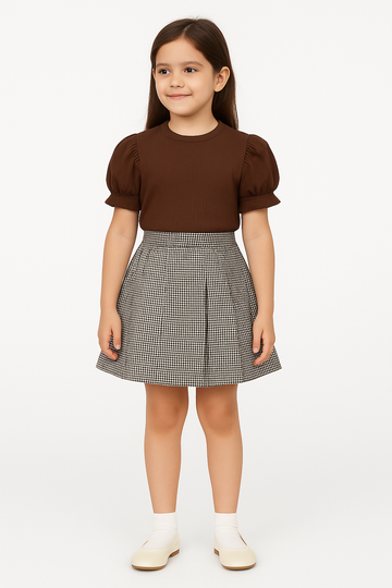 Elegant Frock Brown Puff Sleeve Top & Plaid Pleated Skirt - Inayah Fashion